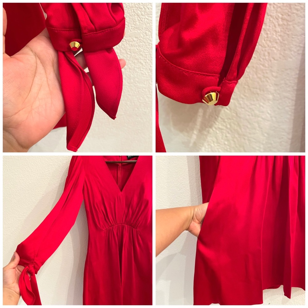 NWT Haney Red Split Sleeve Gathered Satin Dress - Picture 13 of 16